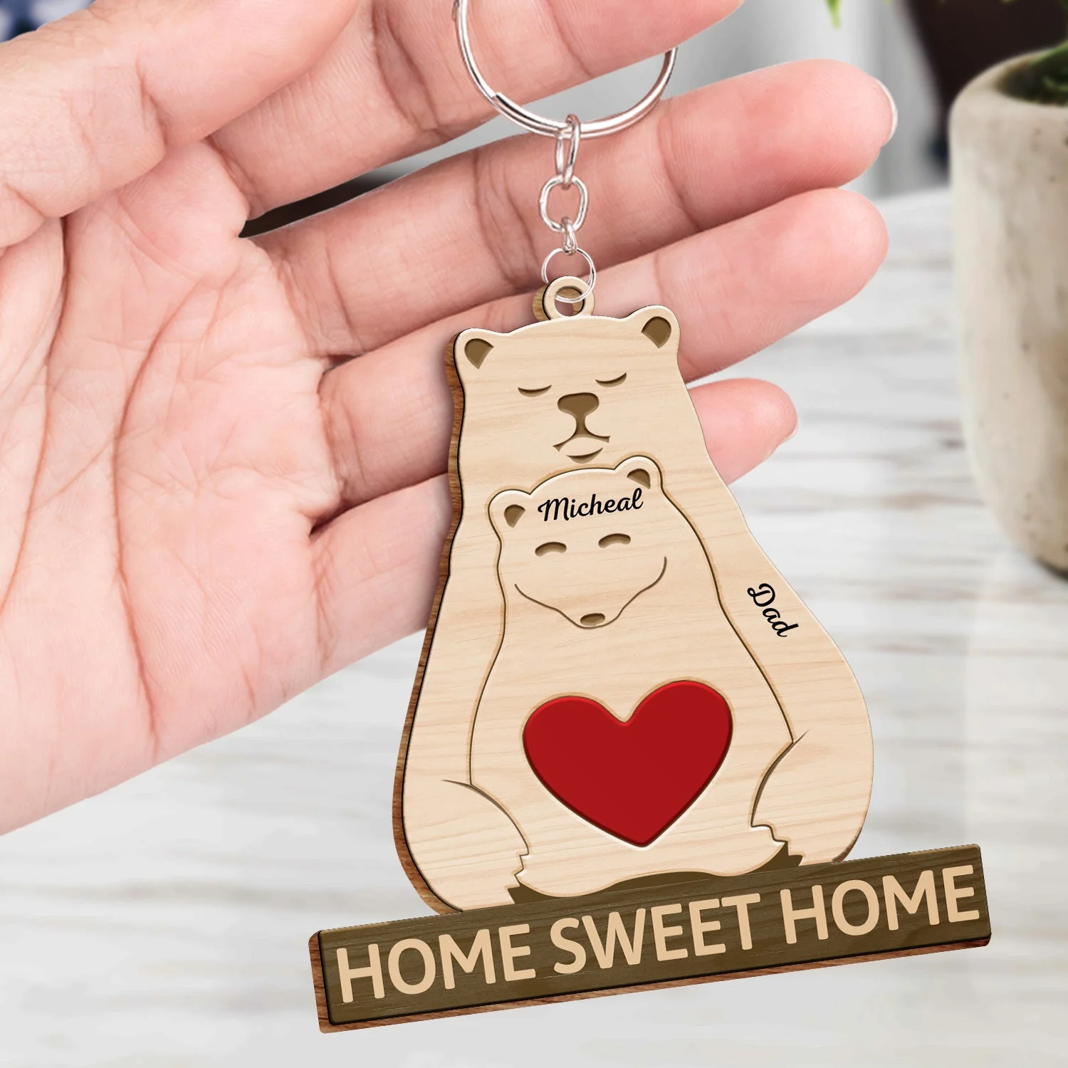 Papa Bear Mama Bear - Gift For Parents, Father, Mother, Grandpa - Personalized Wooden Keychain - Image 4