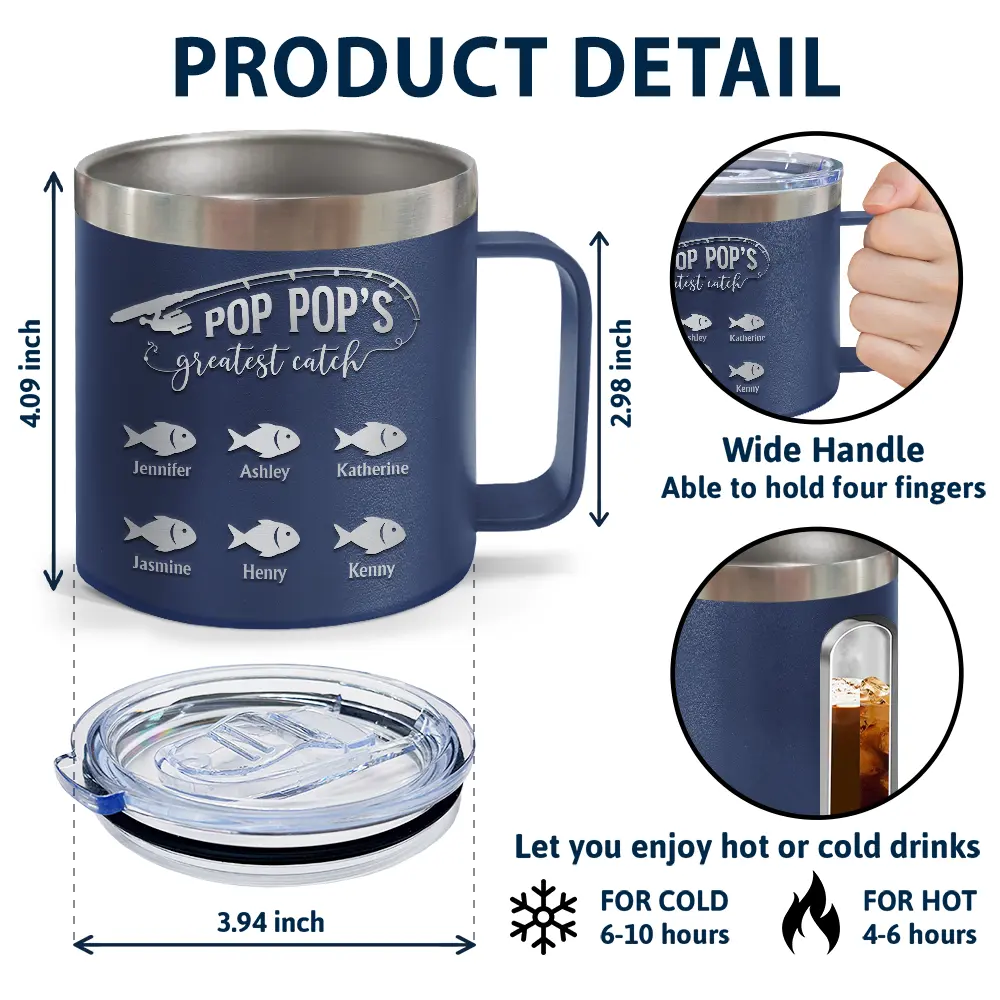 Papa Fishing - Personalized 14oz Stainless Steel Tumbler With Handle - Image 4
