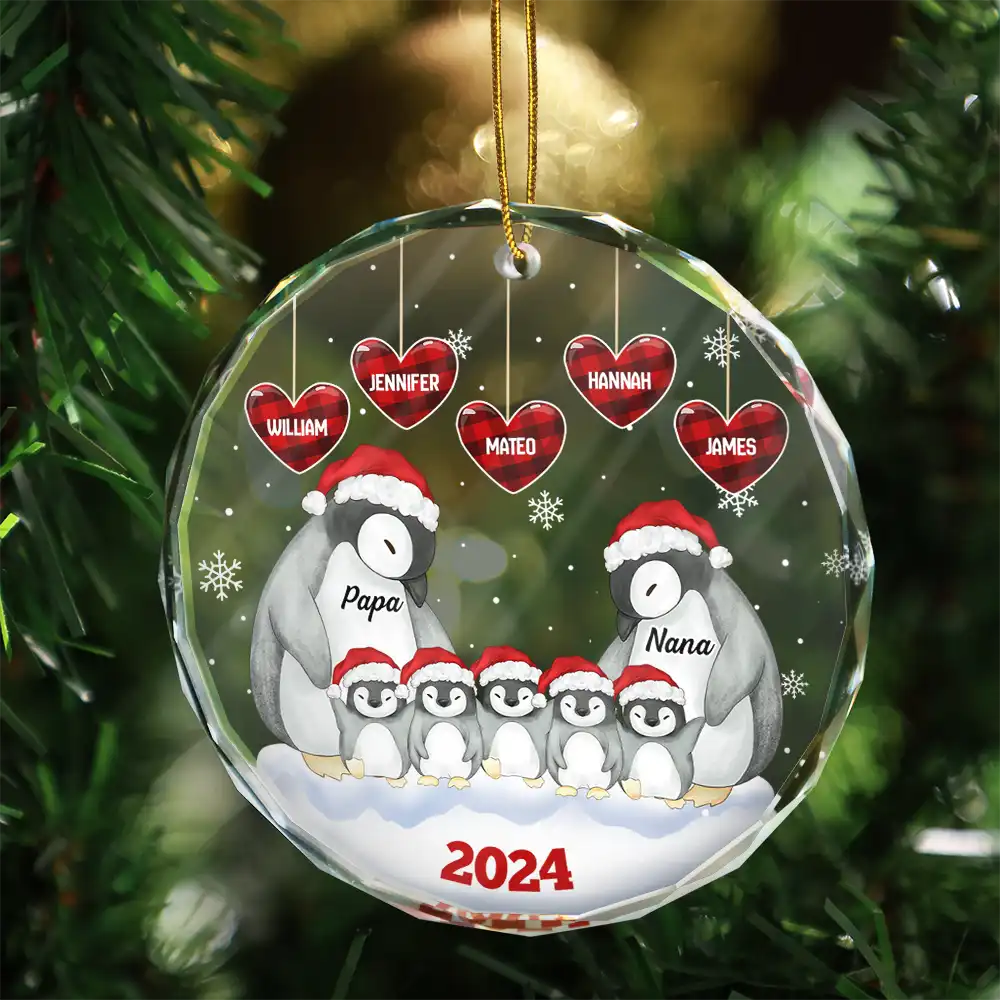 Papa Nana Penguin Christmas Grandparents - Personalized Circle Glass Ornament - Image 3