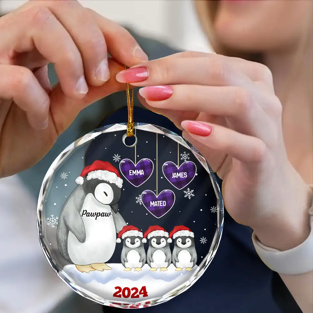 Papa Nana Penguin Christmas Grandparents - Personalized Circle Glass Ornament - Image 4