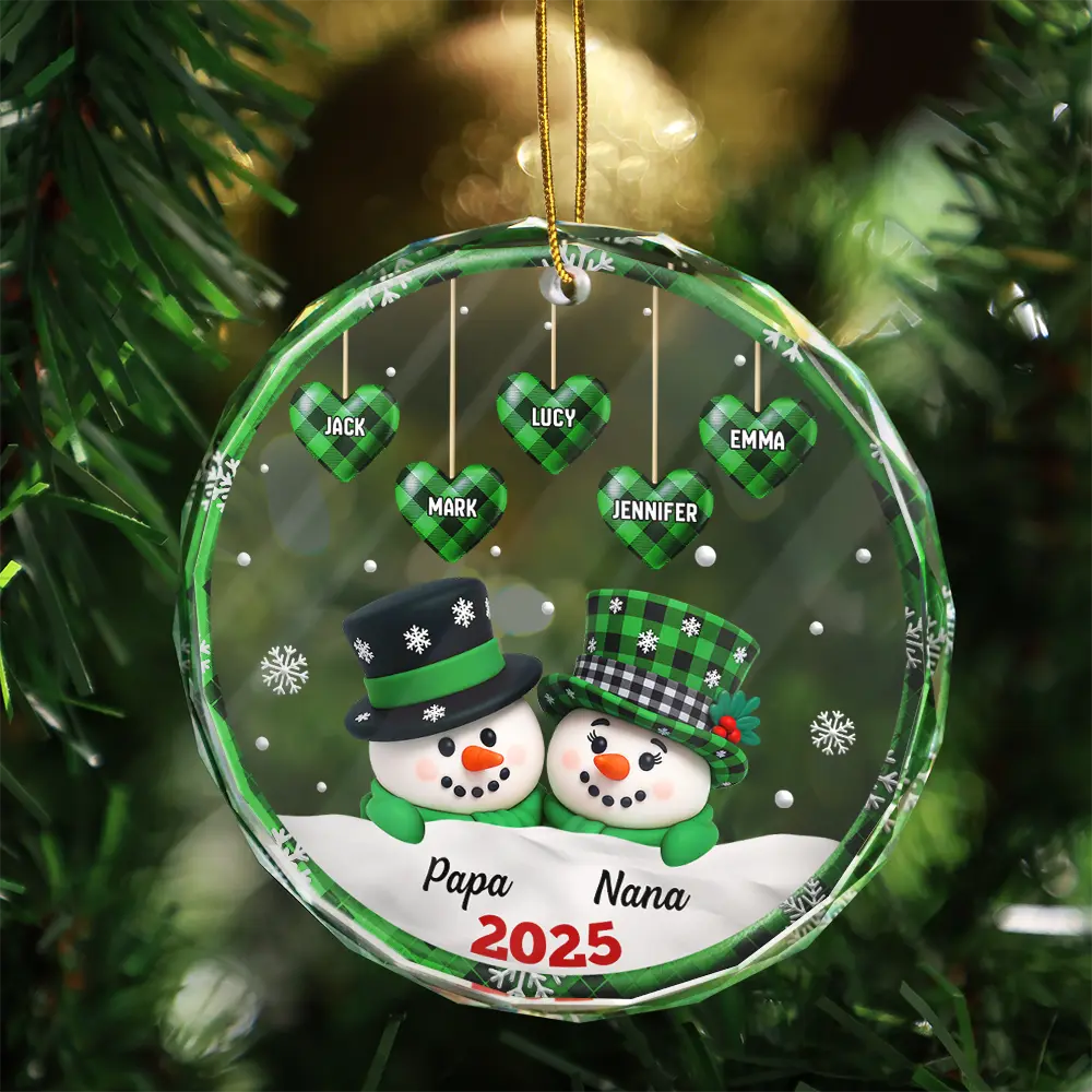 Papa Nana Snowman Christmas Grandparents 3D Effect - Personalized Circle Glass Ornament - Image 3
