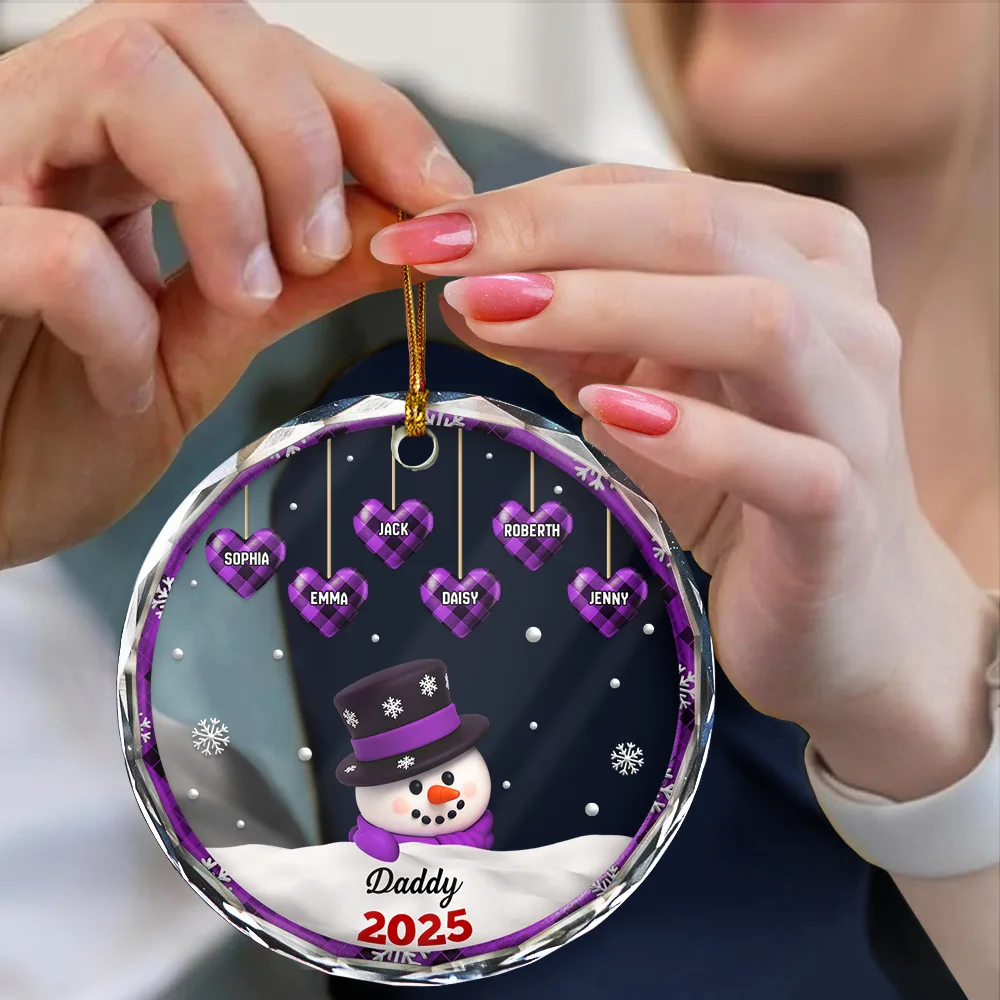 Papa Nana Snowman Christmas Grandparents 3D Effect - Personalized Circle Glass Ornament - Image 4