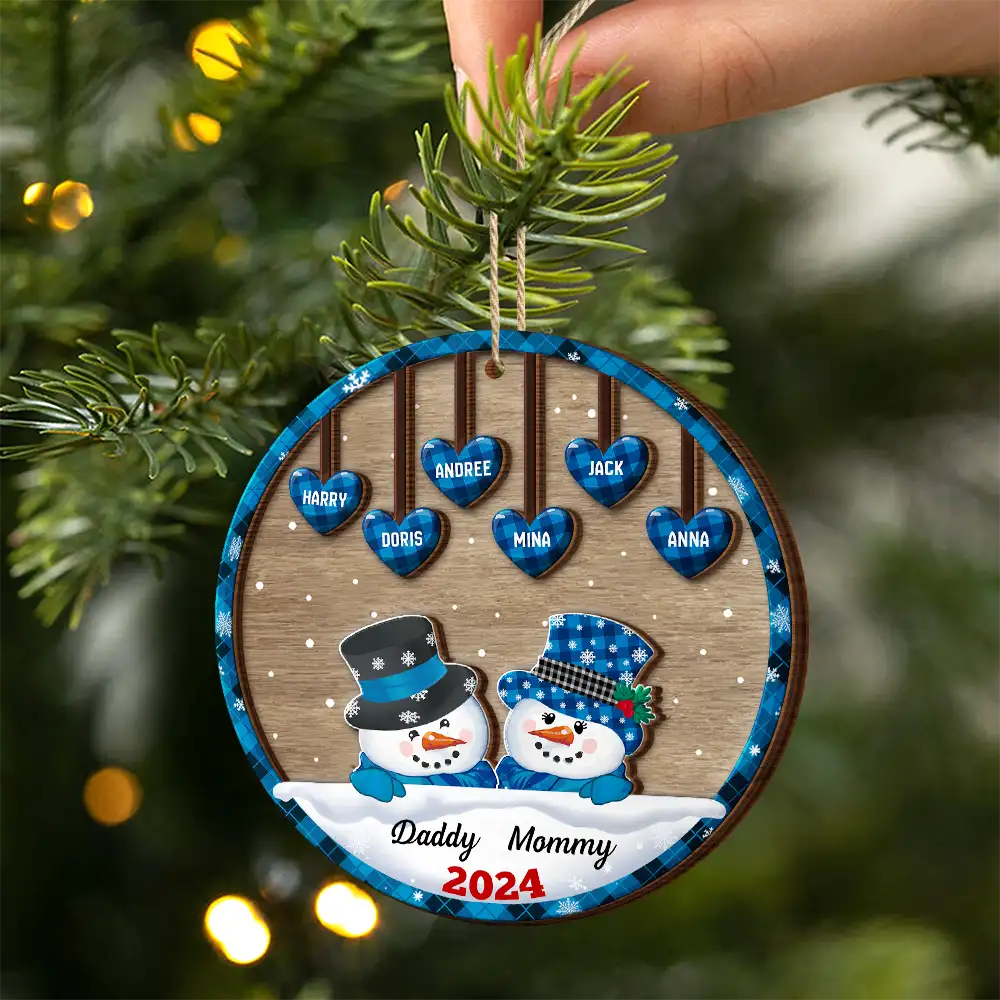 Papa Nana Snowman Christmas Grandparents - Personalized 2-Layered Wooden Ornament - Image 2