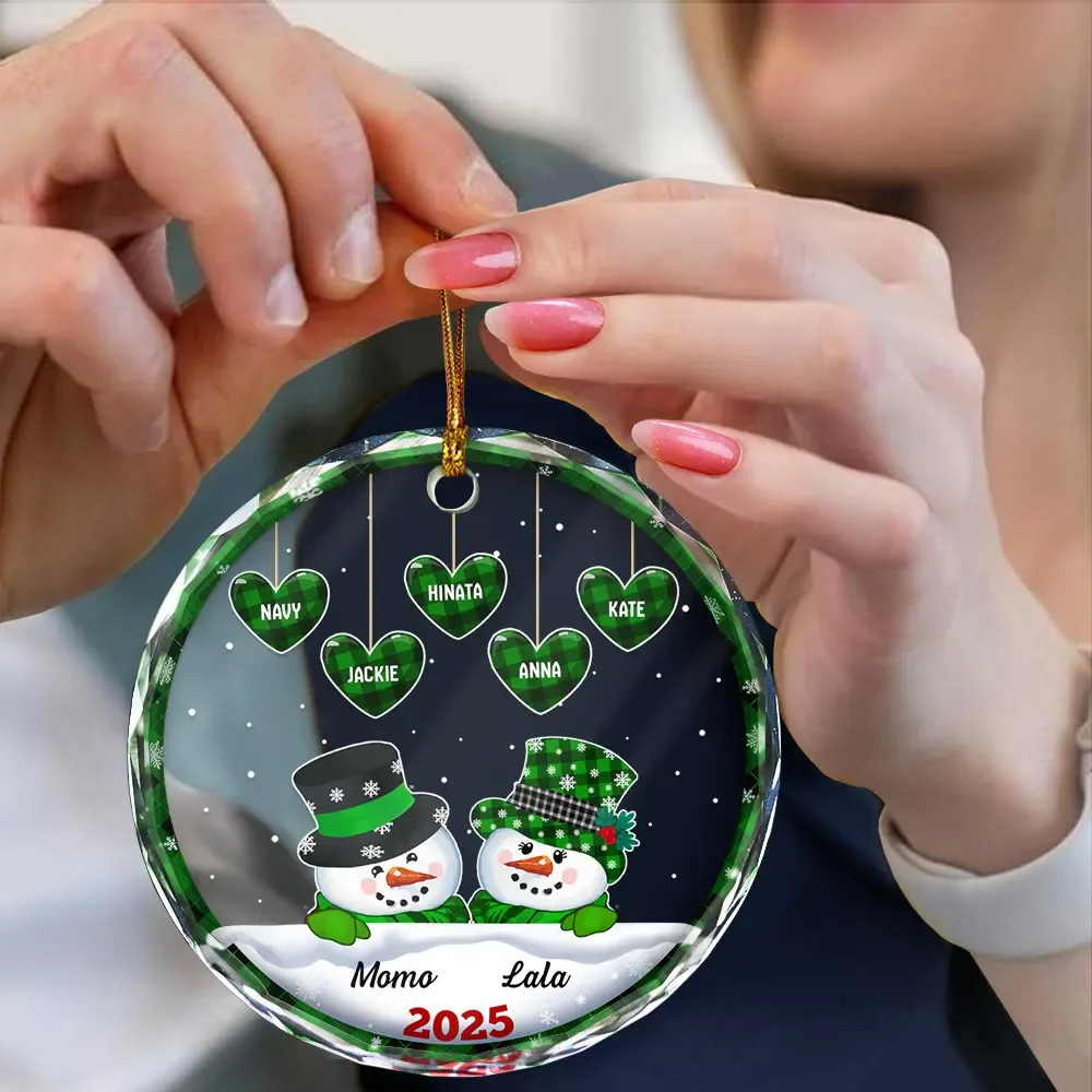 Papa Nana Snowman Christmas Grandparents - Personalized Circle Glass Ornament - Image 4