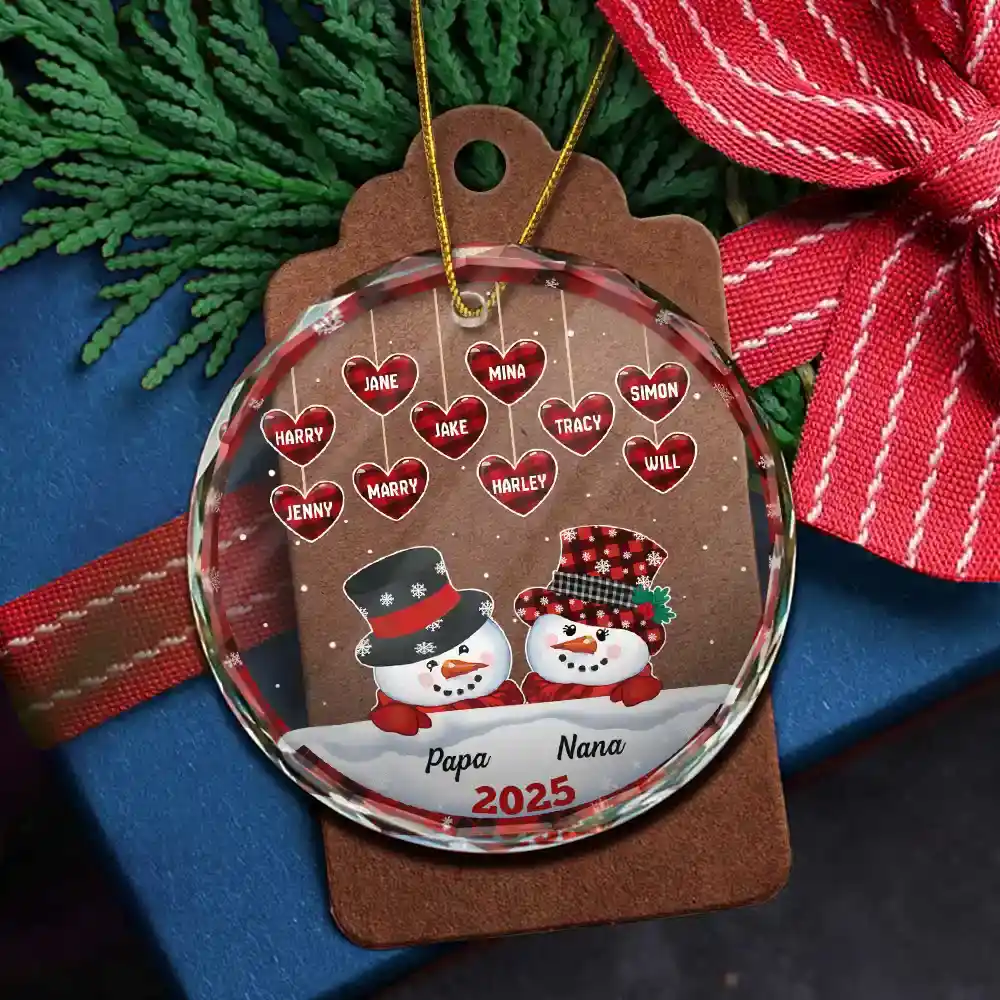 Papa Nana Snowman Christmas Grandparents - Personalized Circle Glass Ornament - Image 5