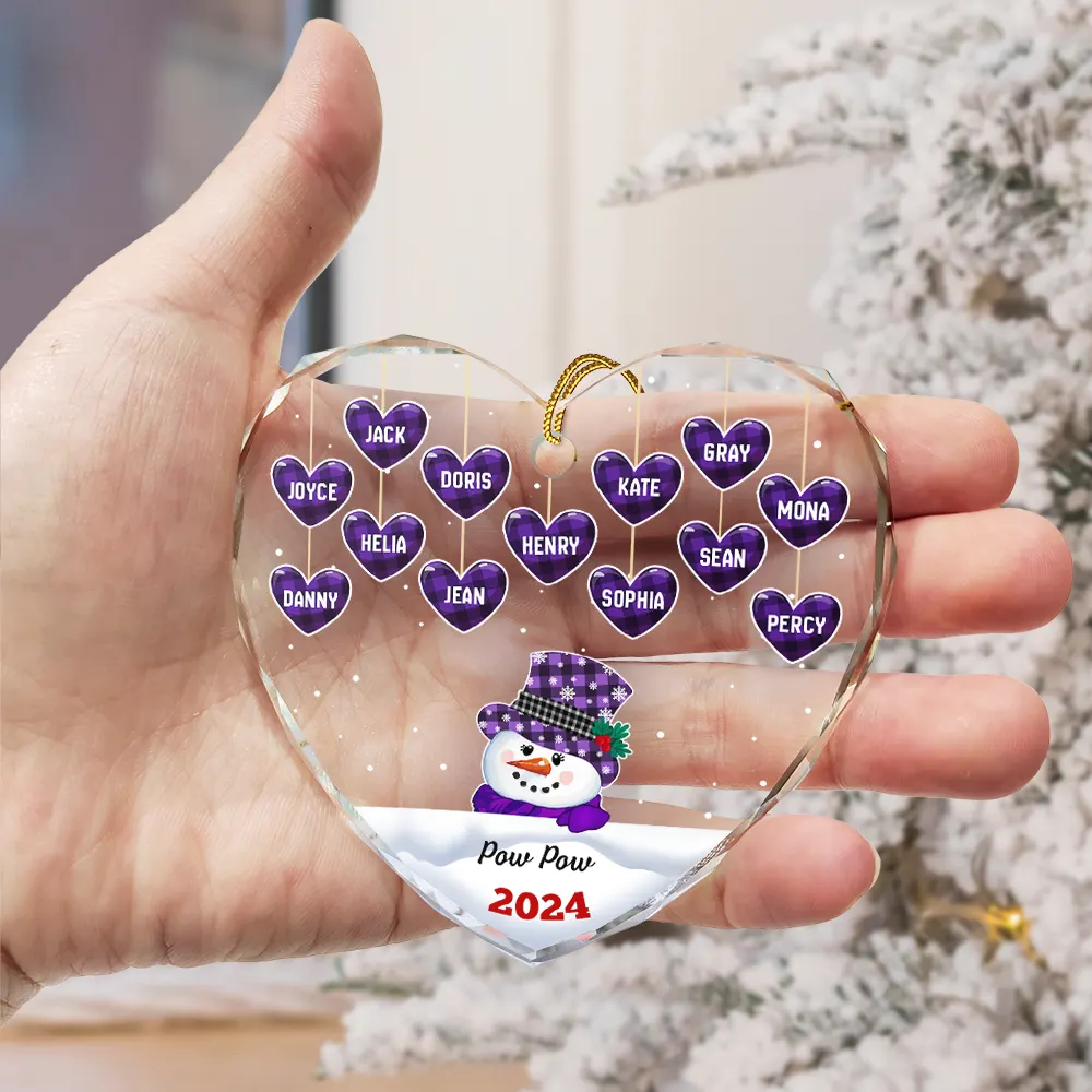 Papa Nana Snowman Christmas Grandparents - Personalized Heart Shaped Glass Ornament - Image 3