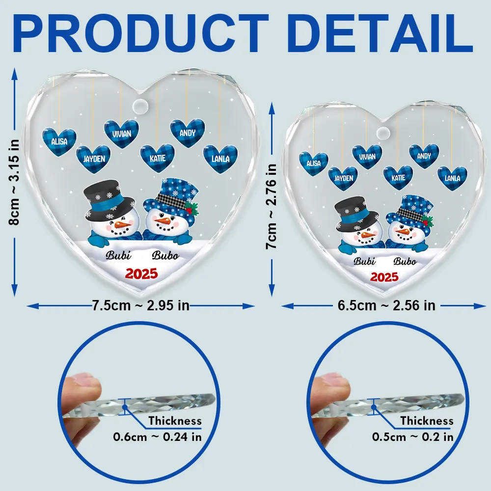 Papa Nana Snowman Christmas Grandparents - Personalized Heart Shaped Glass Ornament - Image 5