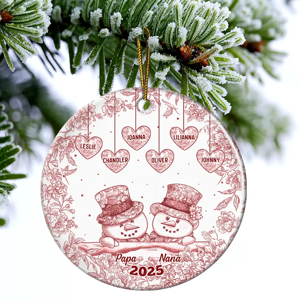 Papa Nana Snowman Christmas Grandparents Toile - Personalized Circle Ceramic Ornament - Image 4