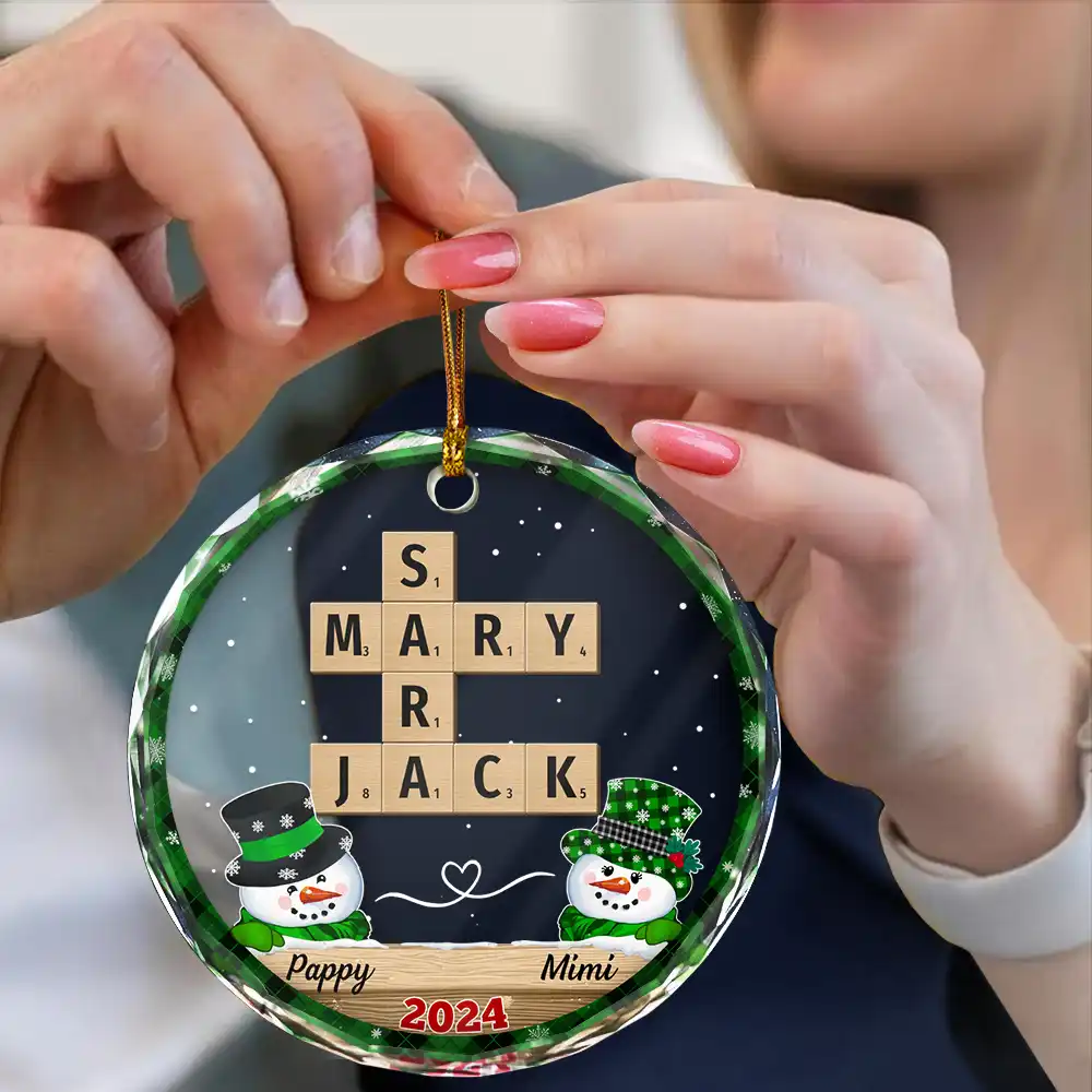 Papa Nana Snowman Crossword Scrabble - Personalized Circle Glass Ornament - Image 5