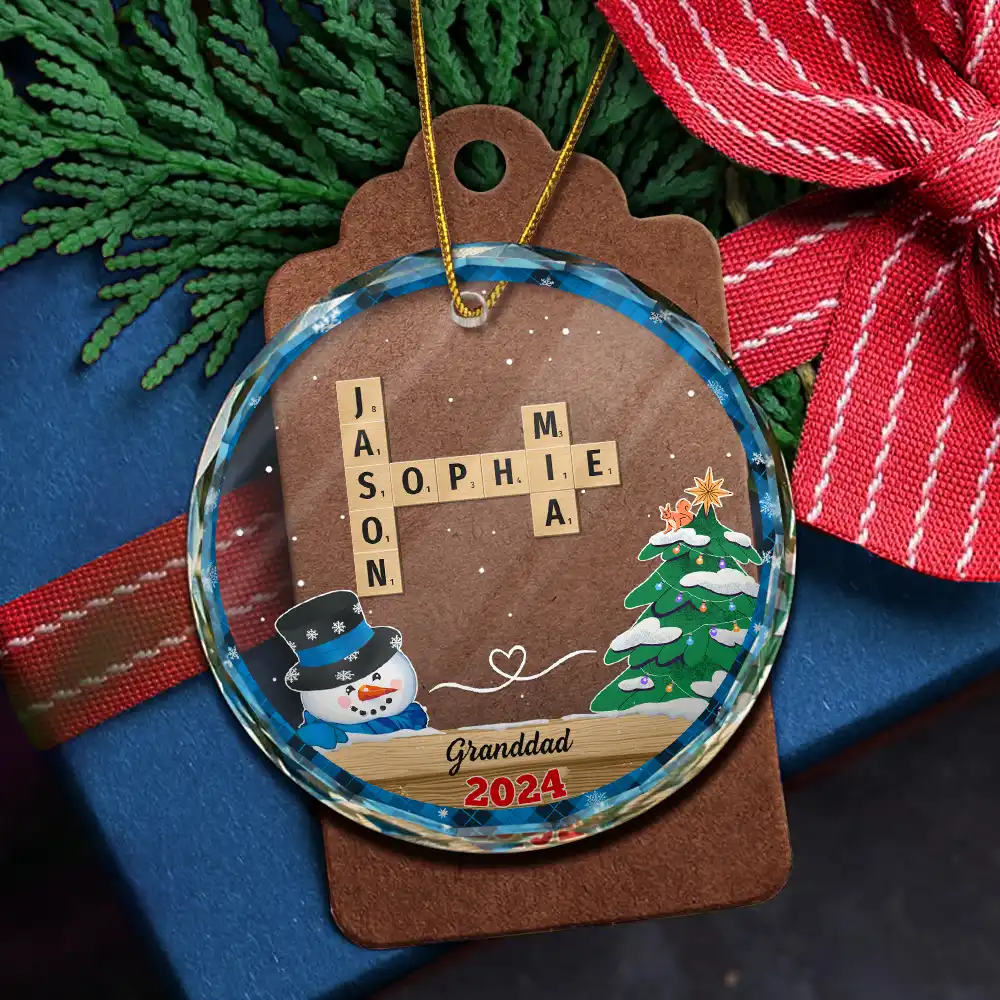 Papa Nana Snowman Crossword Scrabble - Personalized Circle Glass Ornament - Image 6