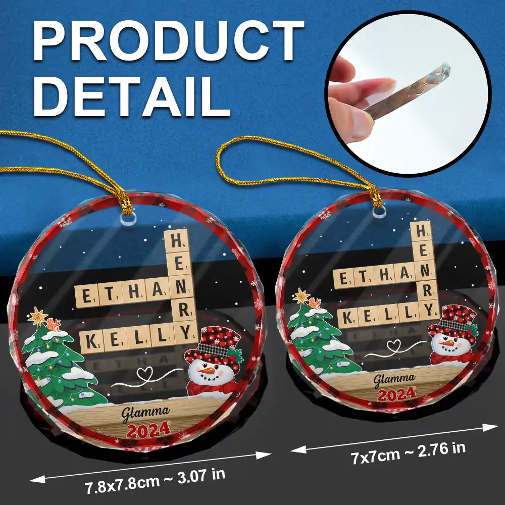 Papa Nana Snowman Crossword Scrabble - Personalized Circle Glass Ornament - Image 7