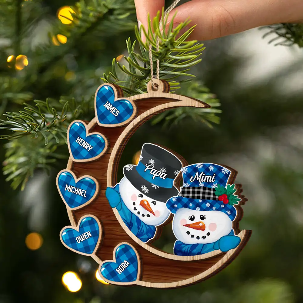 Papa Nana Snowman Family Christmas Grandparents - Personalized 2-Layered Wooden Ornament - Image 2