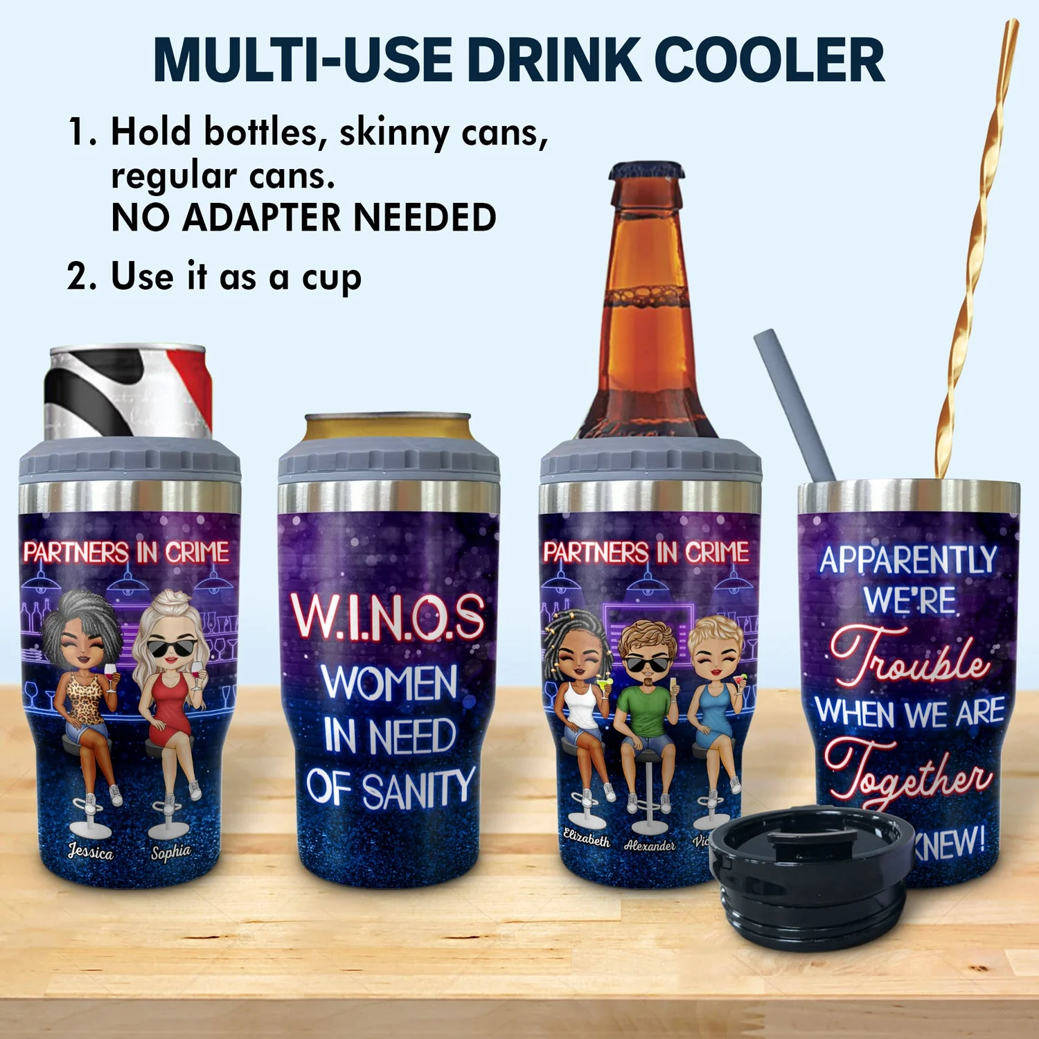 Partners In Crime Just Remember If We Get Caught Best Friends - Bestie BFF Gift - Personalized Custom Triple 3 In 1 Can Cooler - Image 2
