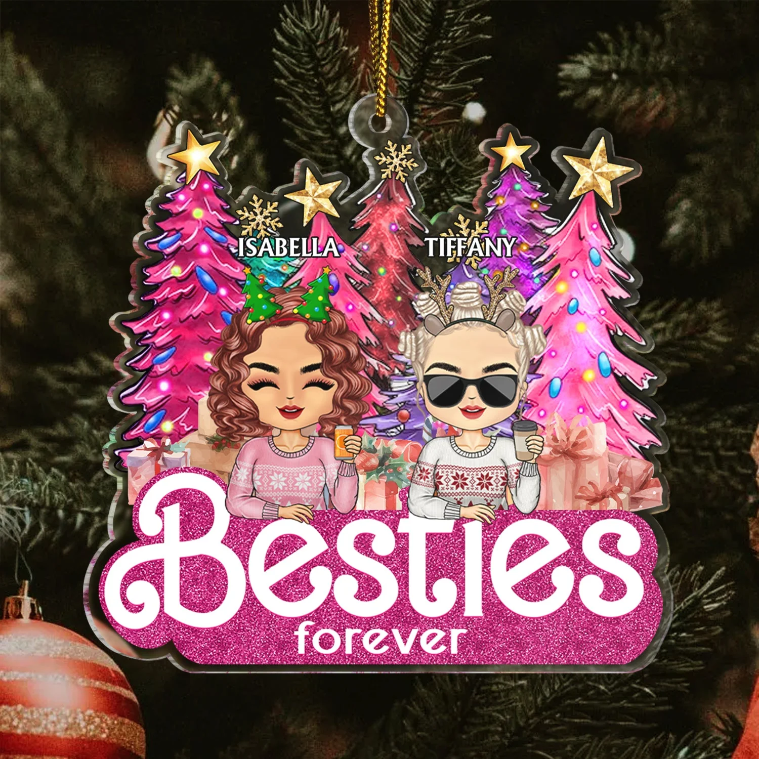Partners In Crime Pine Tree Chibi - Christmas Gifts For Besties, Friends - Personalized Cutout Acrylic Ornament - Image 3