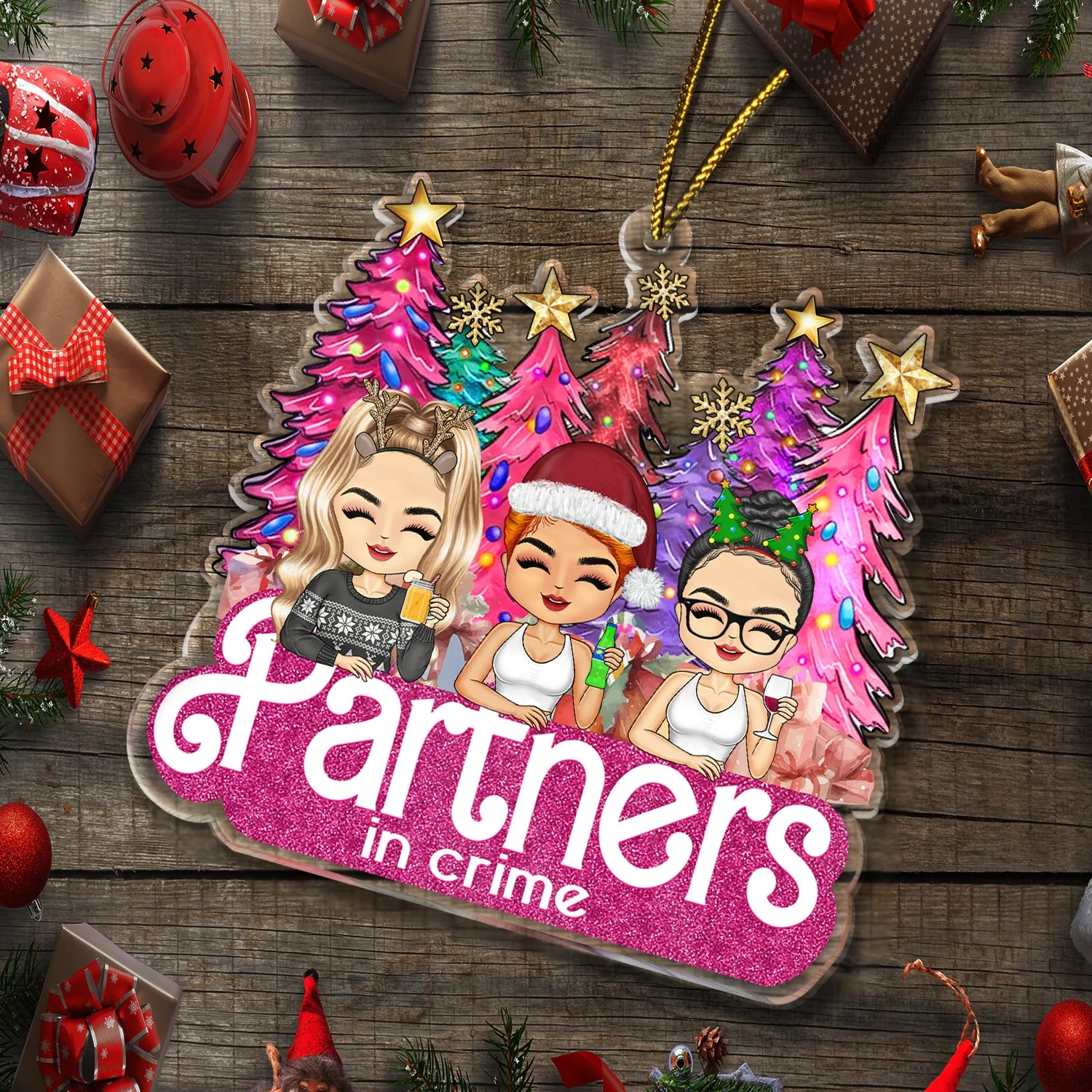 Partners In Crime Pine Tree Chibi - Christmas Gifts For Besties, Friends - Personalized Cutout Acrylic Ornament - Image 6