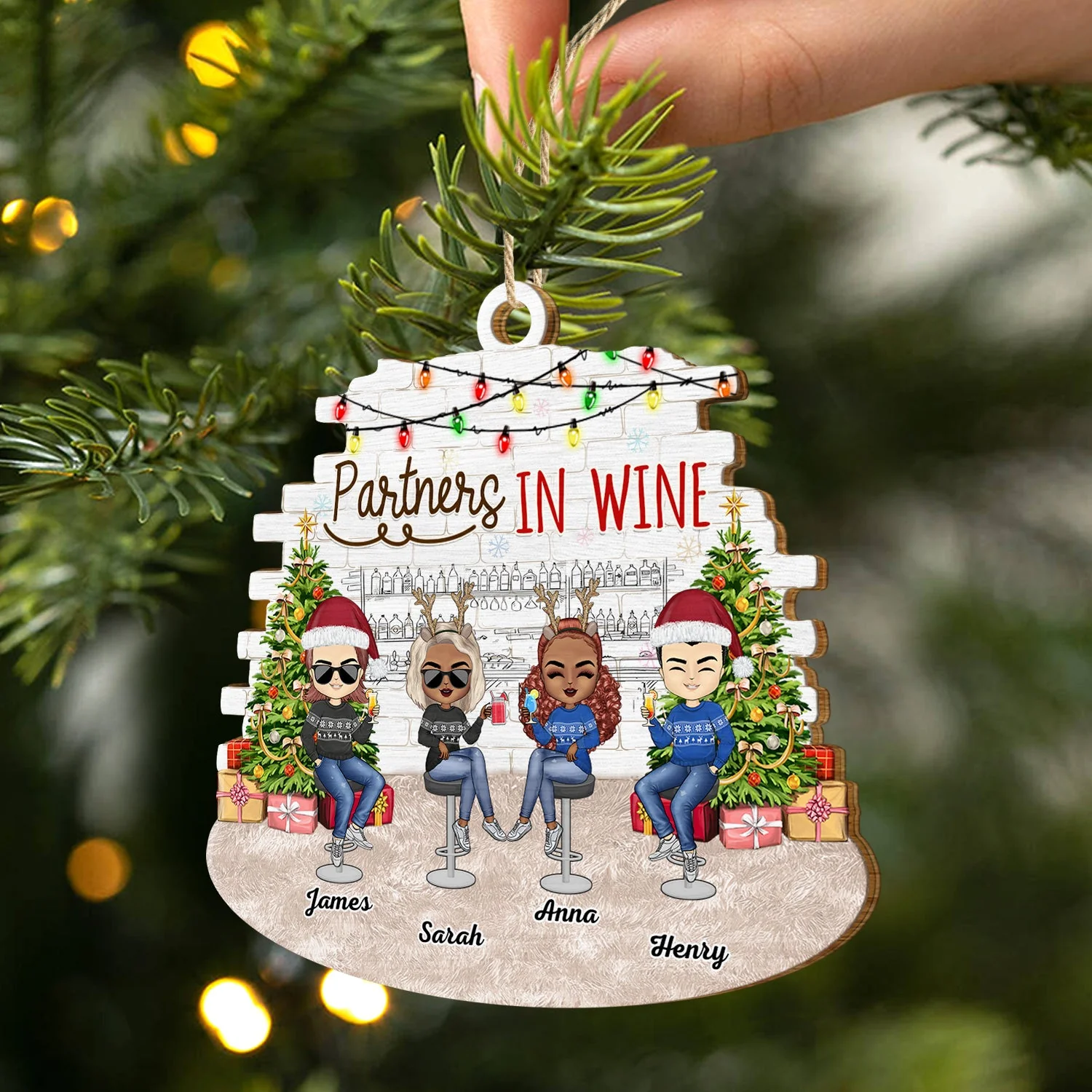 Partners In Wine - Christmas Gift For Besties, BFF Best Friends, Siblings, Sisters, Brothers - Personalized Custom Shaped Wooden Ornament - Image 2