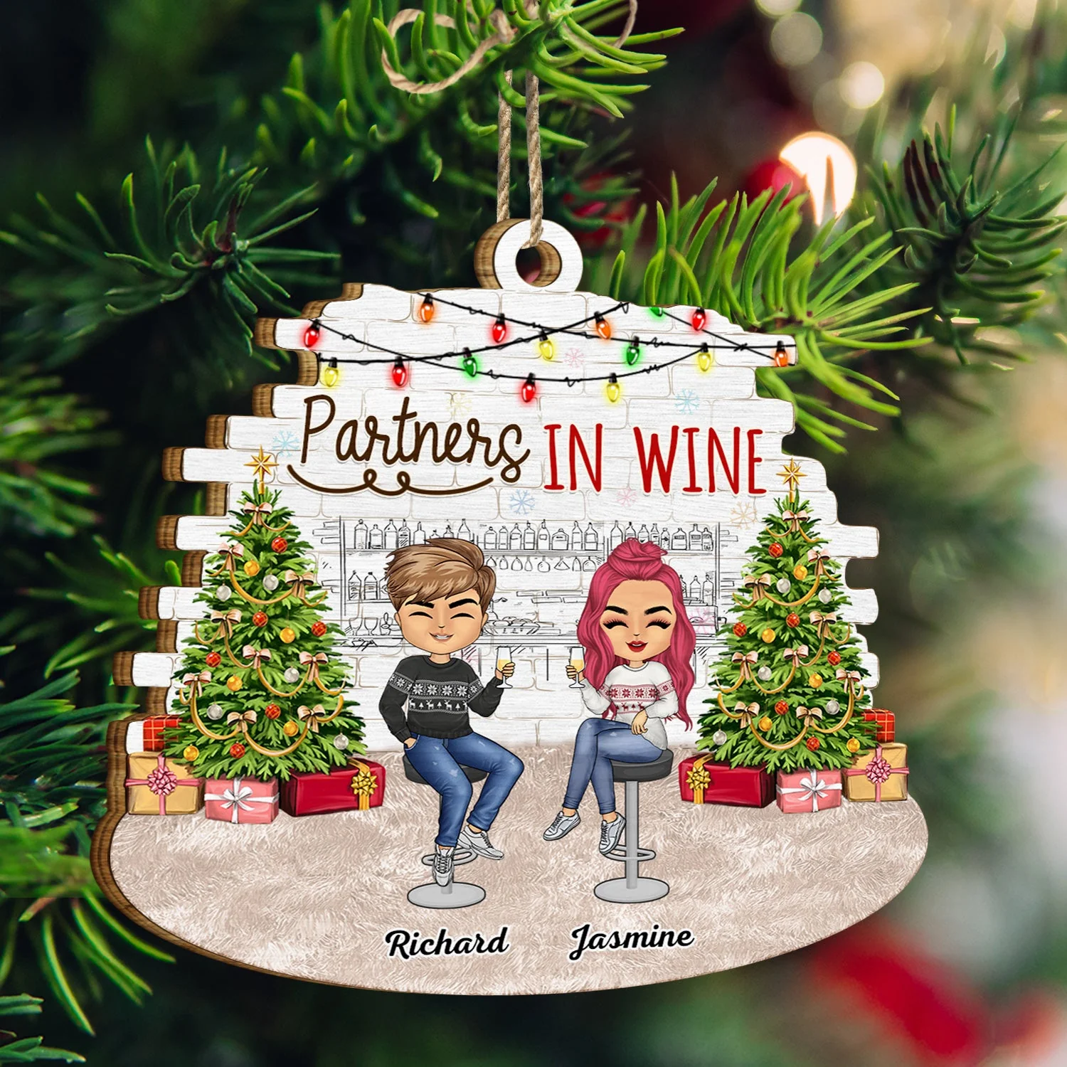 Partners In Wine - Christmas Gift For Besties, BFF Best Friends, Siblings, Sisters, Brothers - Personalized Custom Shaped Wooden Ornament - Image 3