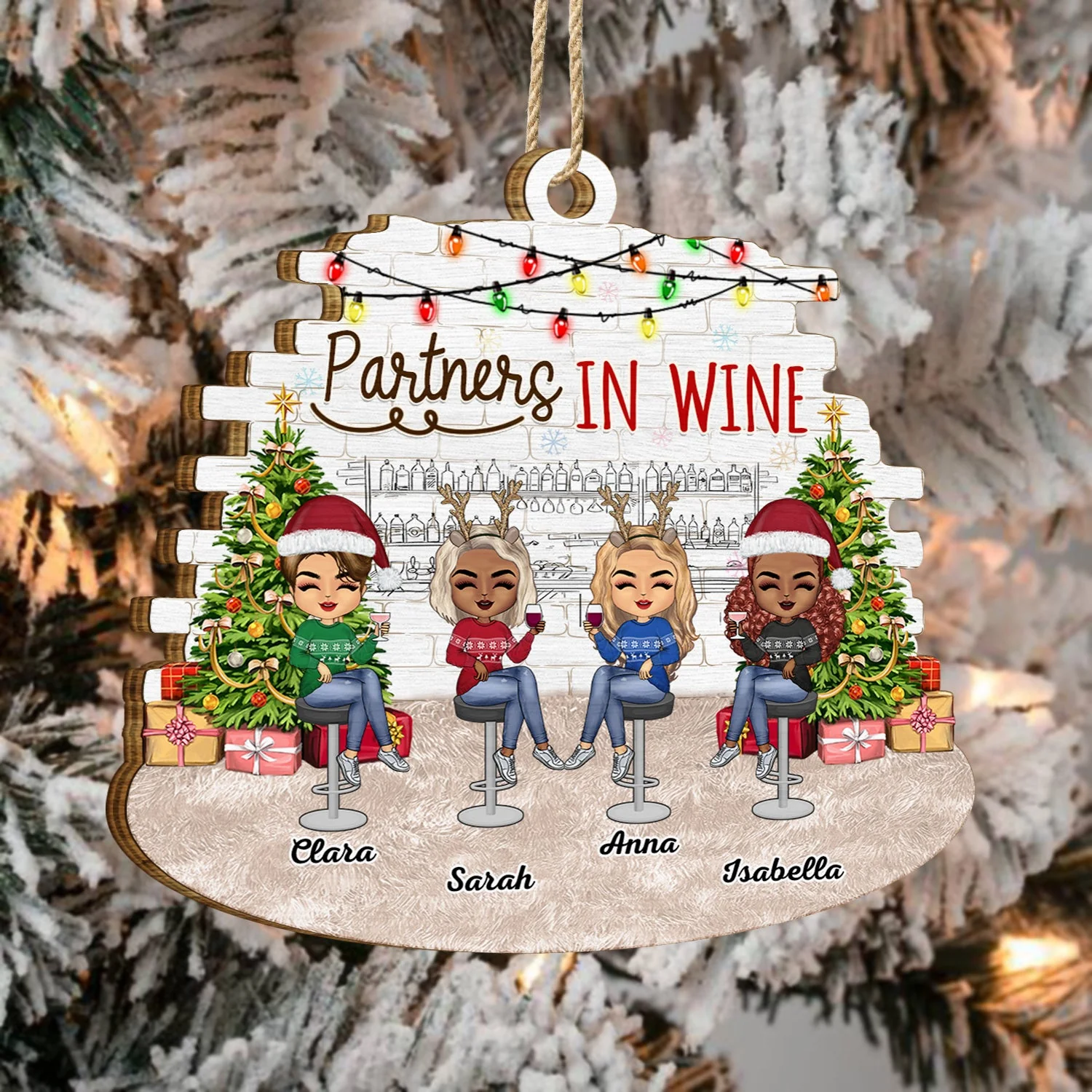 Partners In Wine - Christmas Gift For Besties, BFF Best Friends, Siblings, Sisters, Brothers - Personalized Custom Shaped Wooden Ornament - Image 4