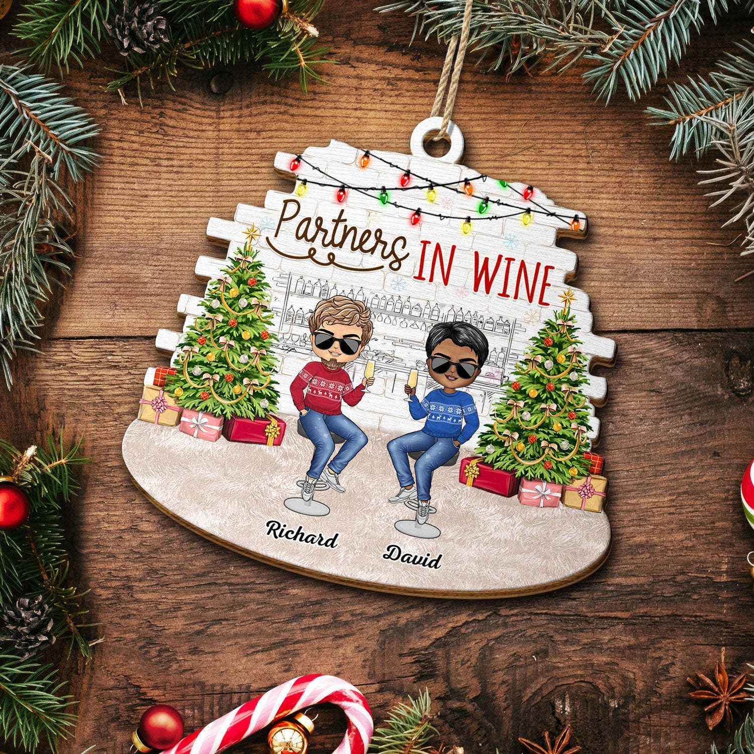 Partners In Wine - Christmas Gift For Besties, BFF Best Friends, Siblings, Sisters, Brothers - Personalized Custom Shaped Wooden Ornament - Image 5