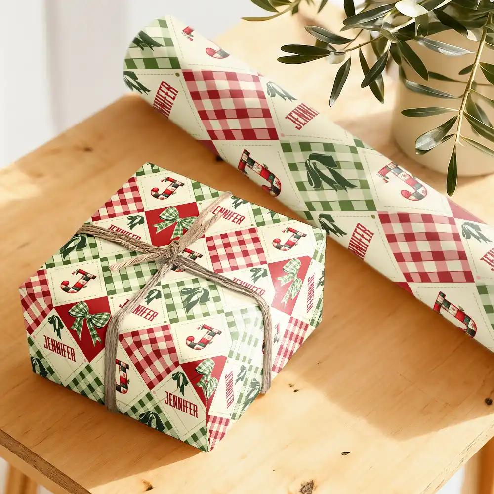Patchwork Initial Custom Name With Bow And Plaid - Personalized Wrapping Paper - Image 5