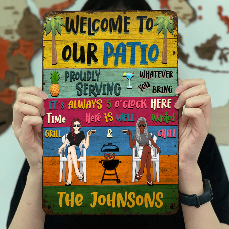 Patio Welcome Grilling Chilling - Gift For Couples - Personalized Custom Classic Metal Signs - Image 4