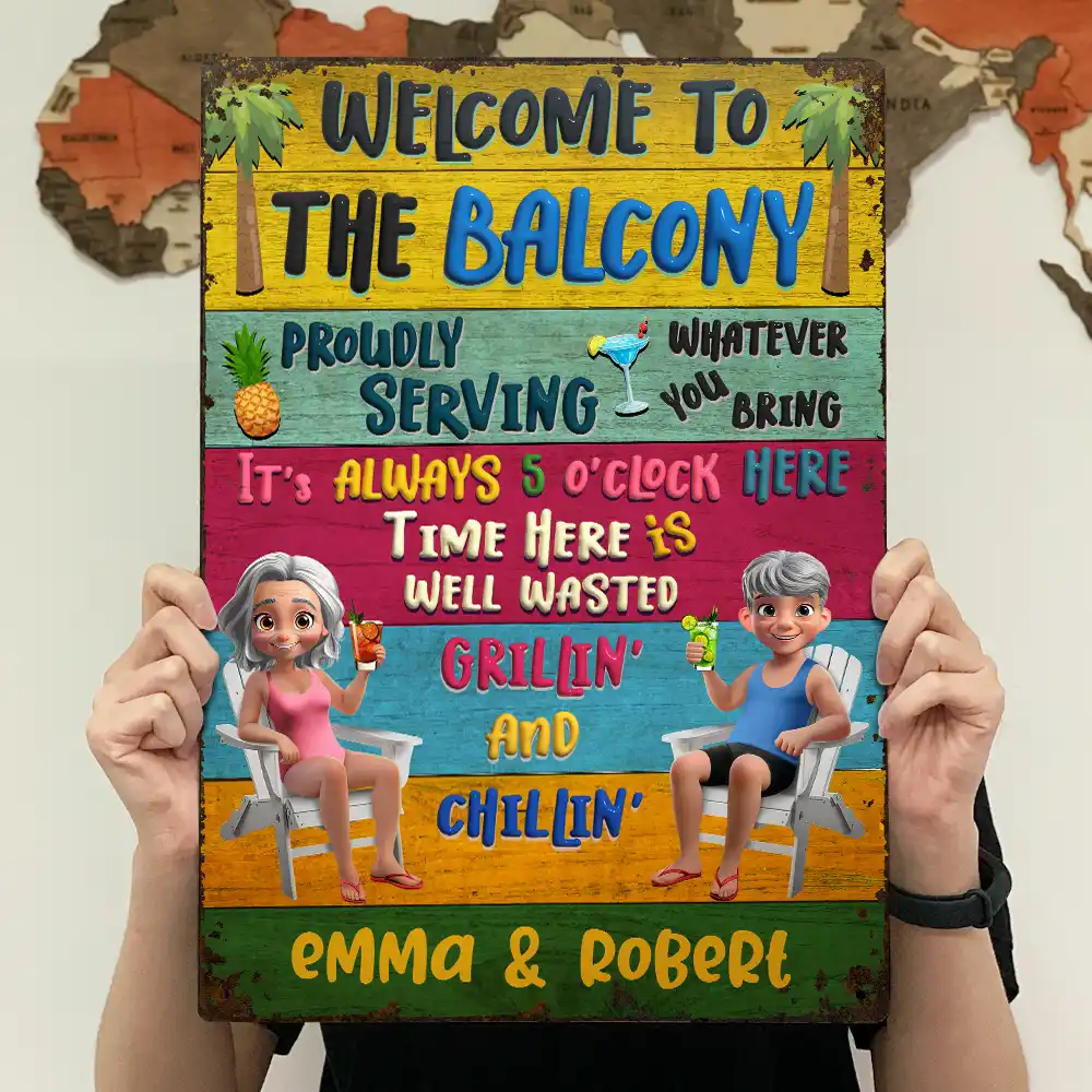 Patio Welcome Grilling Proudly Serving Whatever You Bring Cartoon Couple - Personalized Classic Metal Signs - Image 4