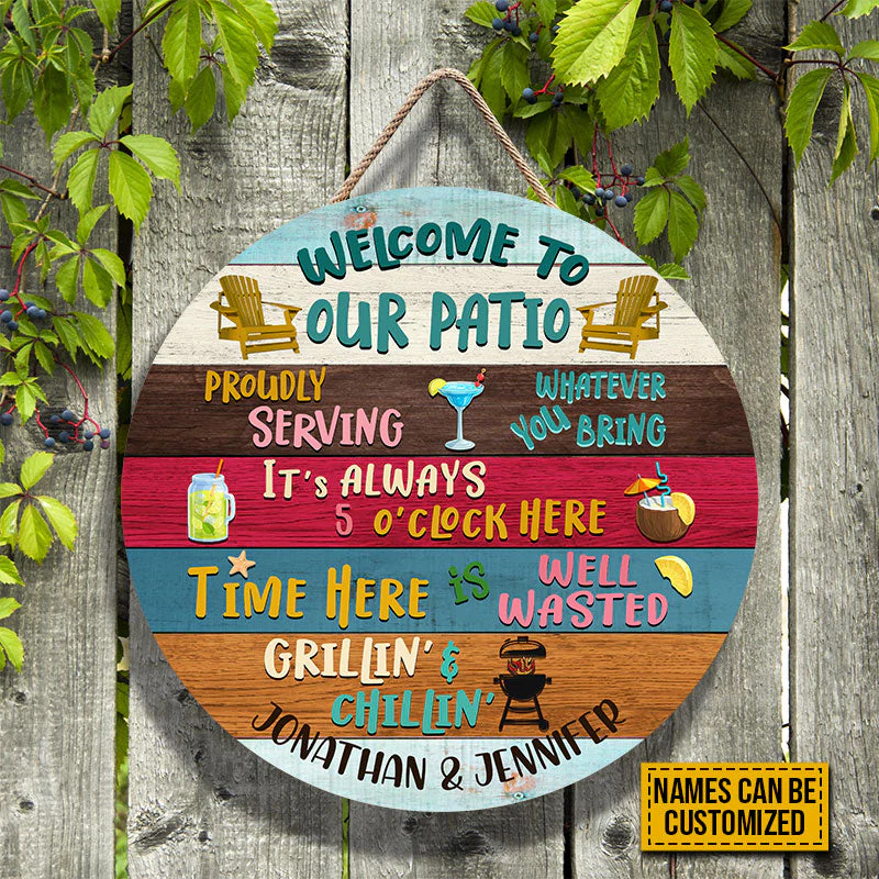 Patio Welcome Proudly Serving Custom Wood Circle Sign - Image 3