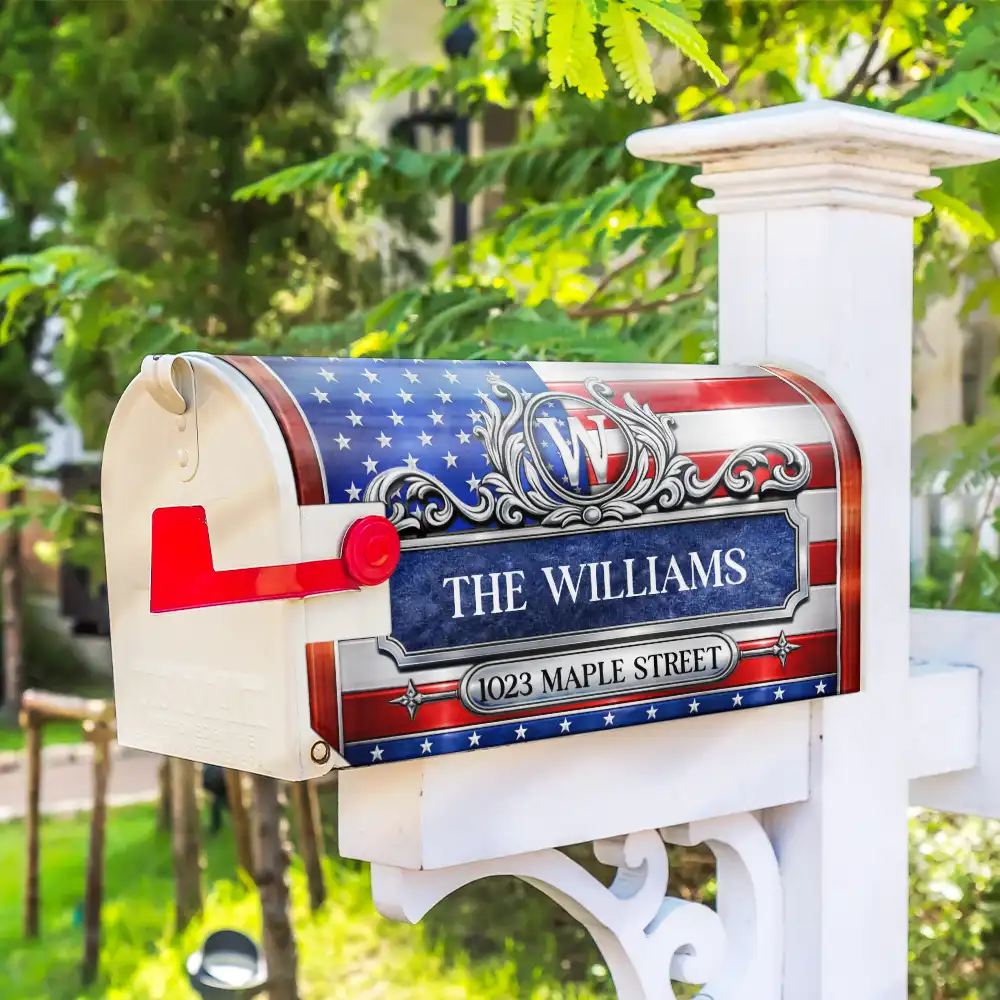 Patriotic Faux Metal Family Monogram - Personalized Mailbox Cover - Image 4