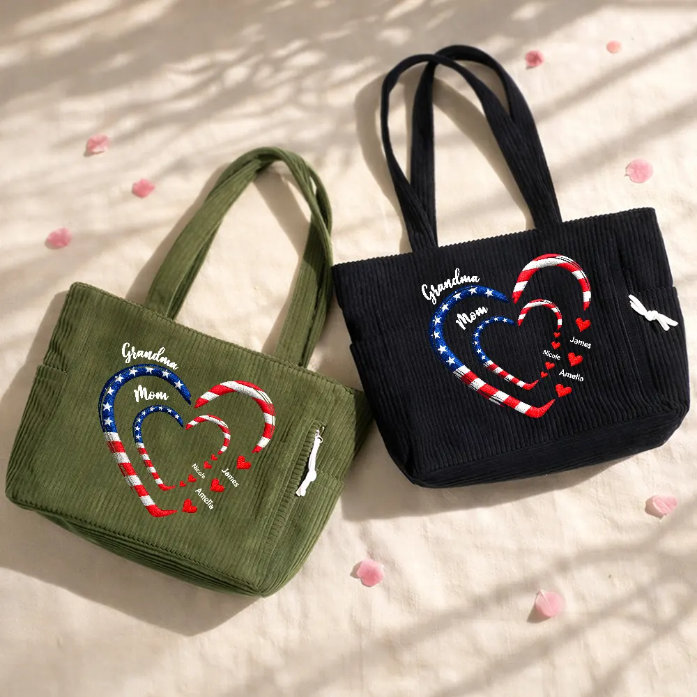 Patriotic Mom And Grandma Sweethearts Embroidery Effect Prints - Personalized Corduroy Tote Bag - Image 2
