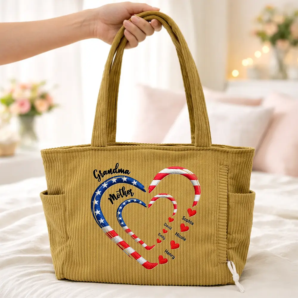 Patriotic Mom And Grandma Sweethearts Embroidery Effect Prints - Personalized Corduroy Tote Bag - Image 4