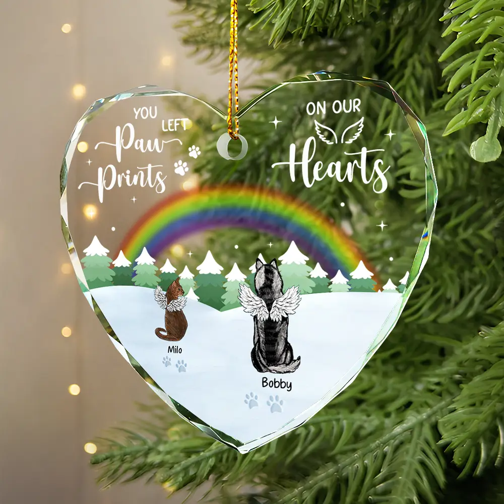 Paw Prints On My Heart - Personalized Heart Shaped Glass Ornament - Image 2
