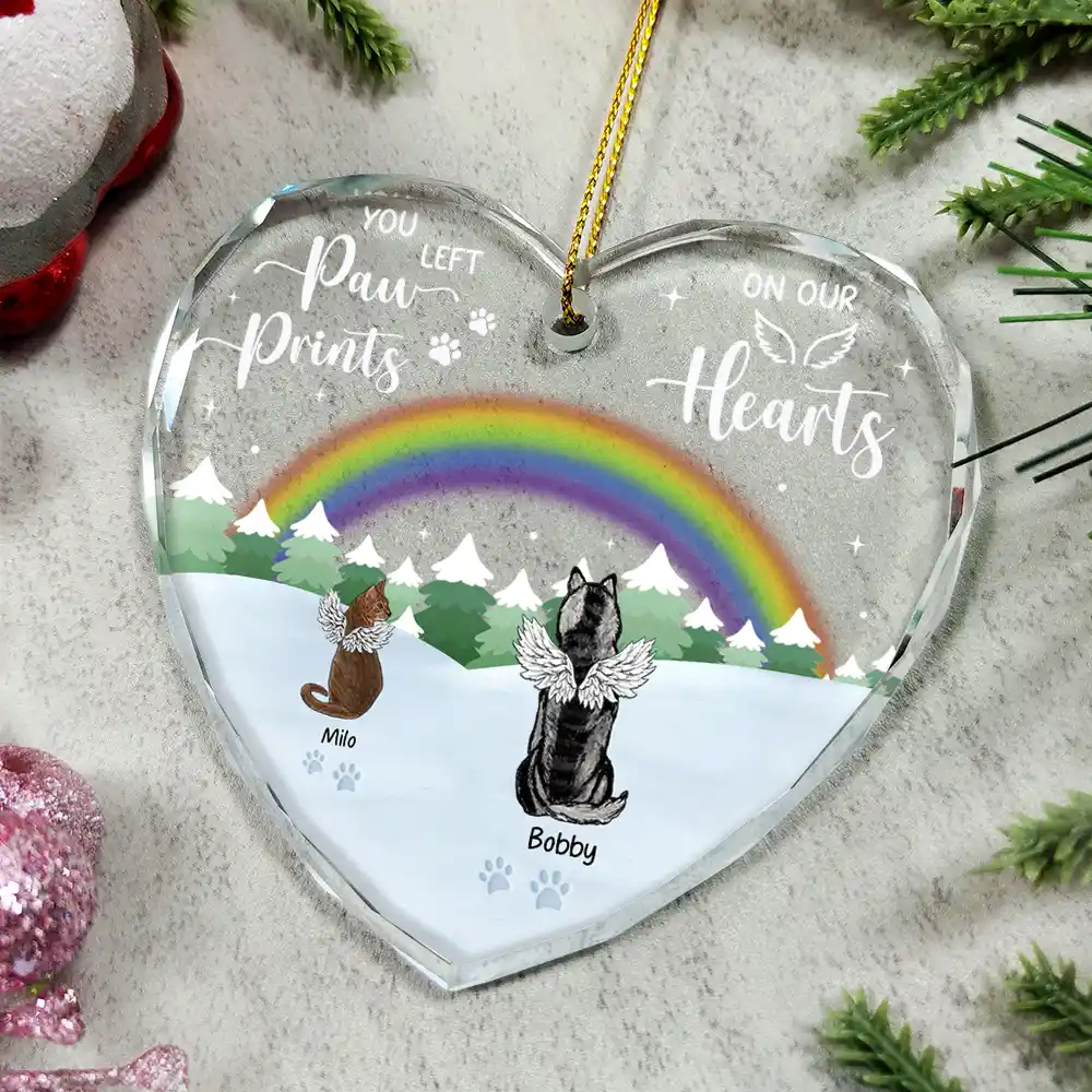 Paw Prints On My Heart - Personalized Heart Shaped Glass Ornament - Image 4