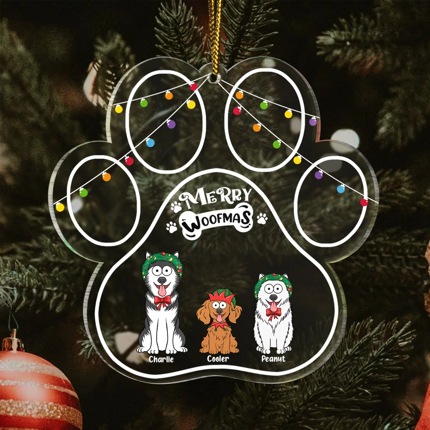 Paw Shape Merry Woofmas Funny Cartoon Dogs - Christmas Gift For Dog Lovers - Personalized Custom Shaped Acrylic Ornament - Image 3