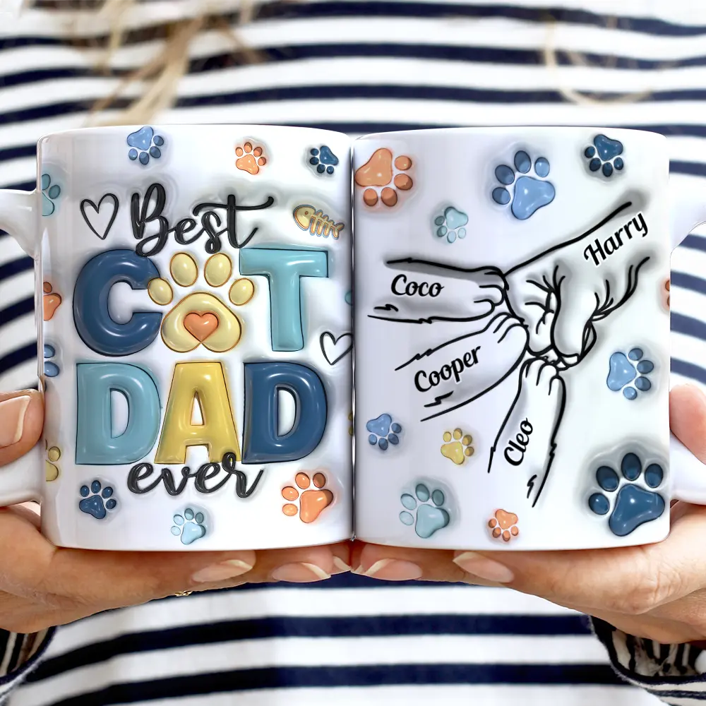Paws And Human Hand Fist Bump Best Cat Dad Ever - 3D Inflated Effect Printed Mug, Personalized White Edge-to-Edge Mug - Image 2