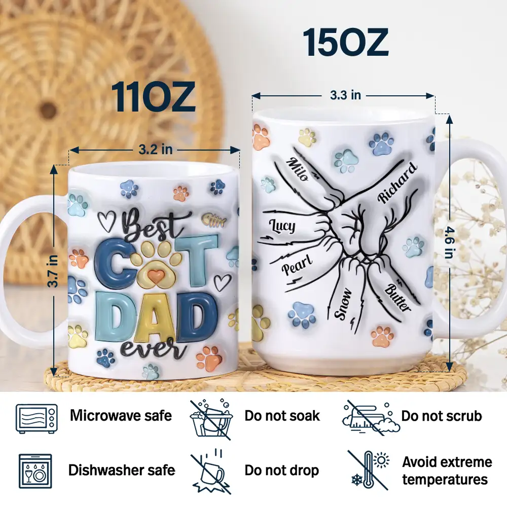 Paws And Human Hand Fist Bump Best Cat Dad Ever - 3D Inflated Effect Printed Mug, Personalized White Edge-to-Edge Mug - Image 5
