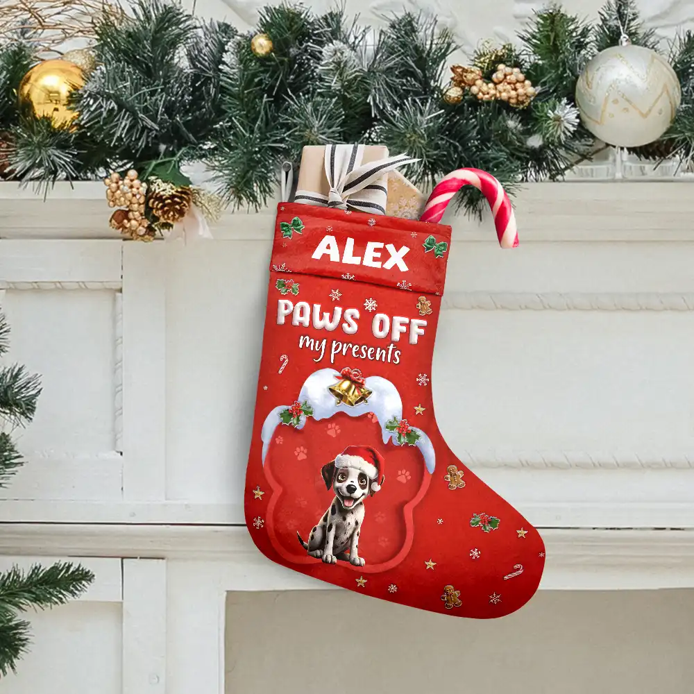 Paws Off My Presents 3D Effect Christmas Dog - Personalized Christmas Stocking - Image 3