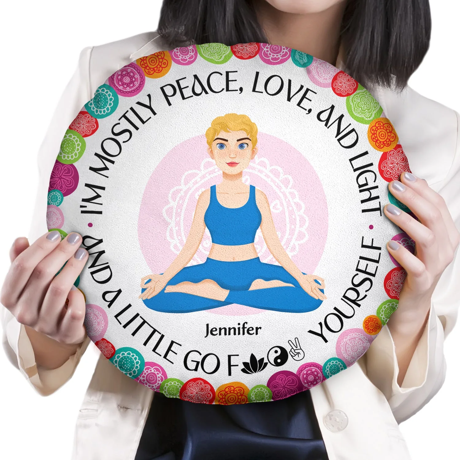 Peace, Love And Light - Gift For Yoga Lovers - Personalized Round Pillow - Image 2