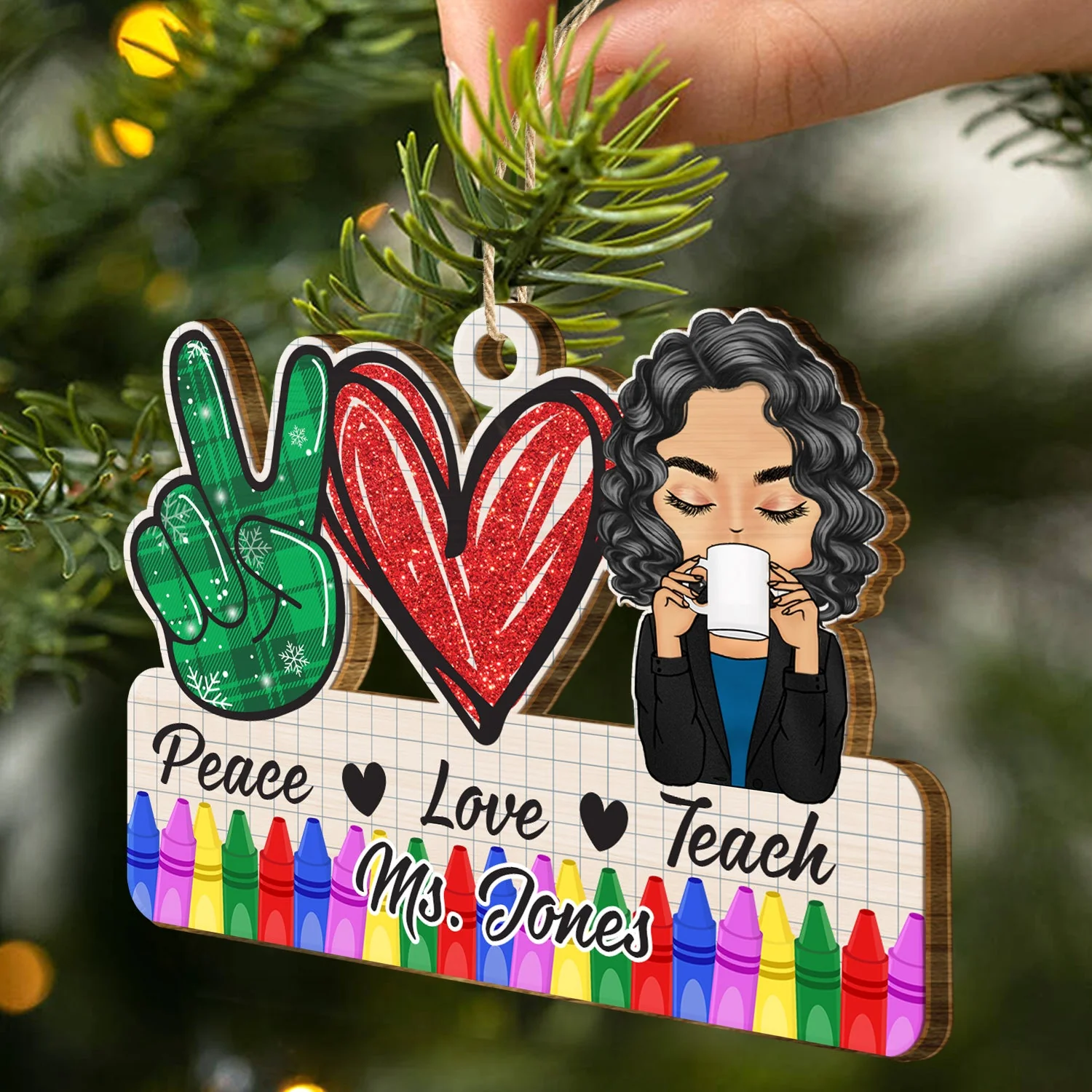 Peace Love Teach - Christmas Gift For Teacher - Personalized Wooden Cutout Ornament - Image 2