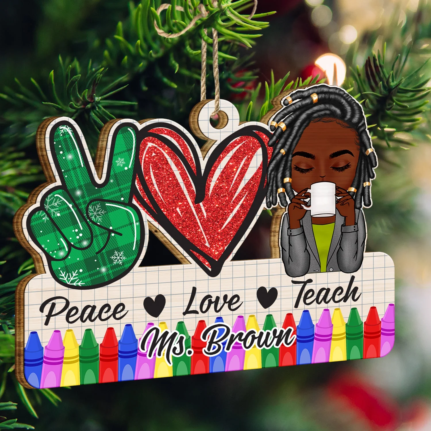 Peace Love Teach - Christmas Gift For Teacher - Personalized Wooden Cutout Ornament - Image 3