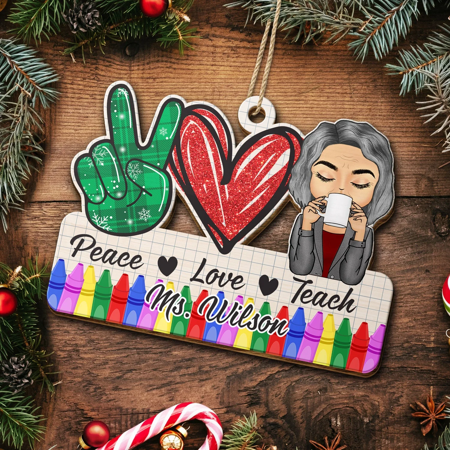 Peace Love Teach - Christmas Gift For Teacher - Personalized Wooden Cutout Ornament - Image 5