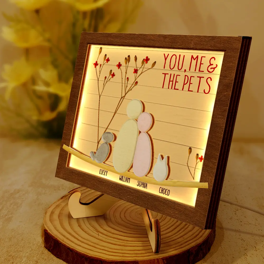 Pebble Couple You Me And The Dog Cat - Personalized LED Light Wooden Plaque - Image 2