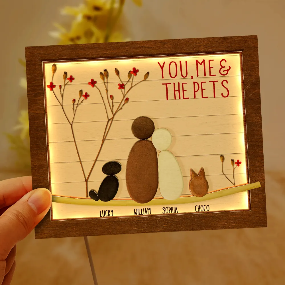 Pebble Couple You Me And The Dog Cat - Personalized LED Light Wooden Plaque - Image 5