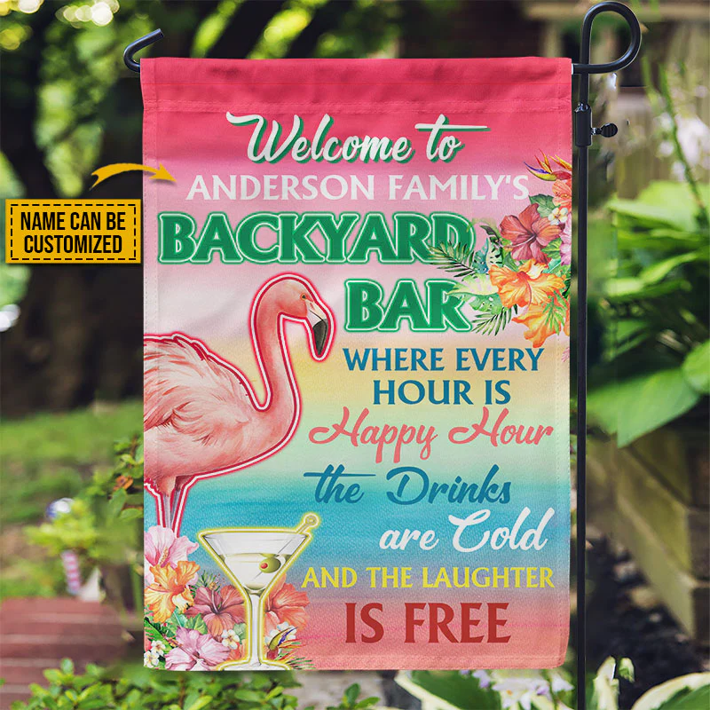 Personalized Flamingo Backyard Bar Happy Hour Custom Flag - Image 2