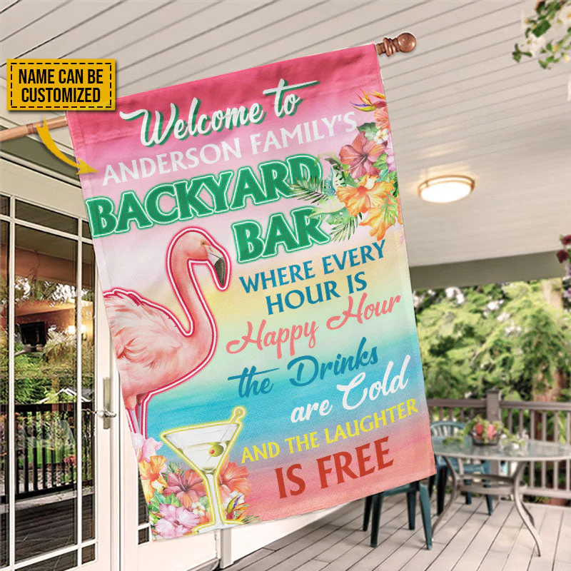 Personalized Flamingo Backyard Bar Happy Hour Custom Flag - Image 3