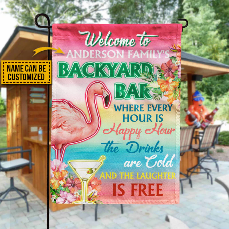 Personalized Flamingo Backyard Bar Happy Hour Custom Flag - Image 4