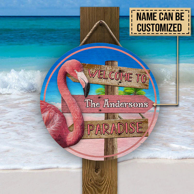 Personalized Flamingo Paradise Customized Wood Circle Sign
