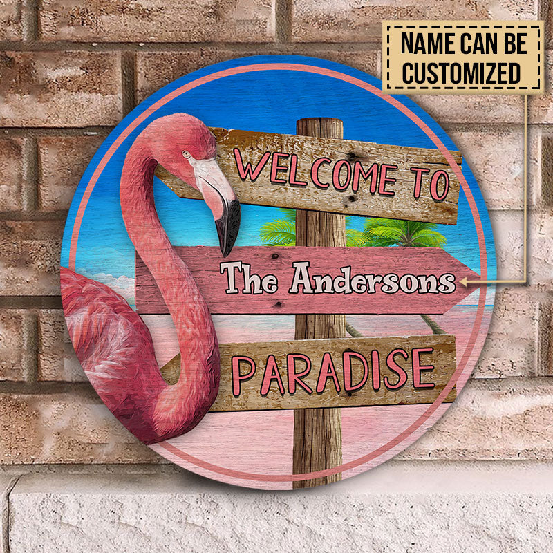 Personalized Flamingo Paradise Customized Wood Circle Sign - Image 2