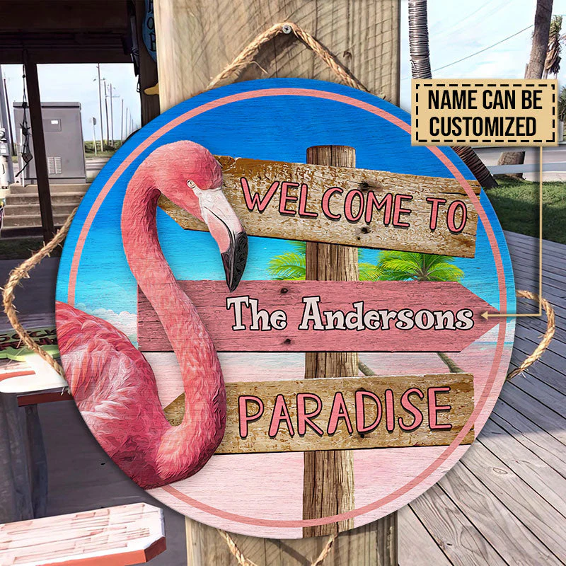 Personalized Flamingo Paradise Customized Wood Circle Sign - Image 3