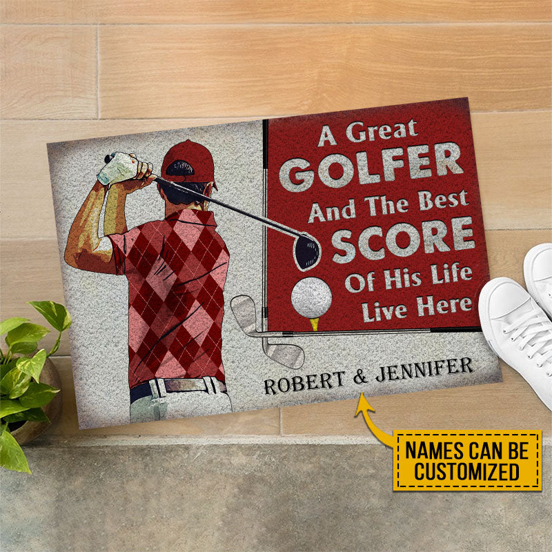 Personalized Golf Red Couple Golfer Best Score Live Customized Doormat - Image 4