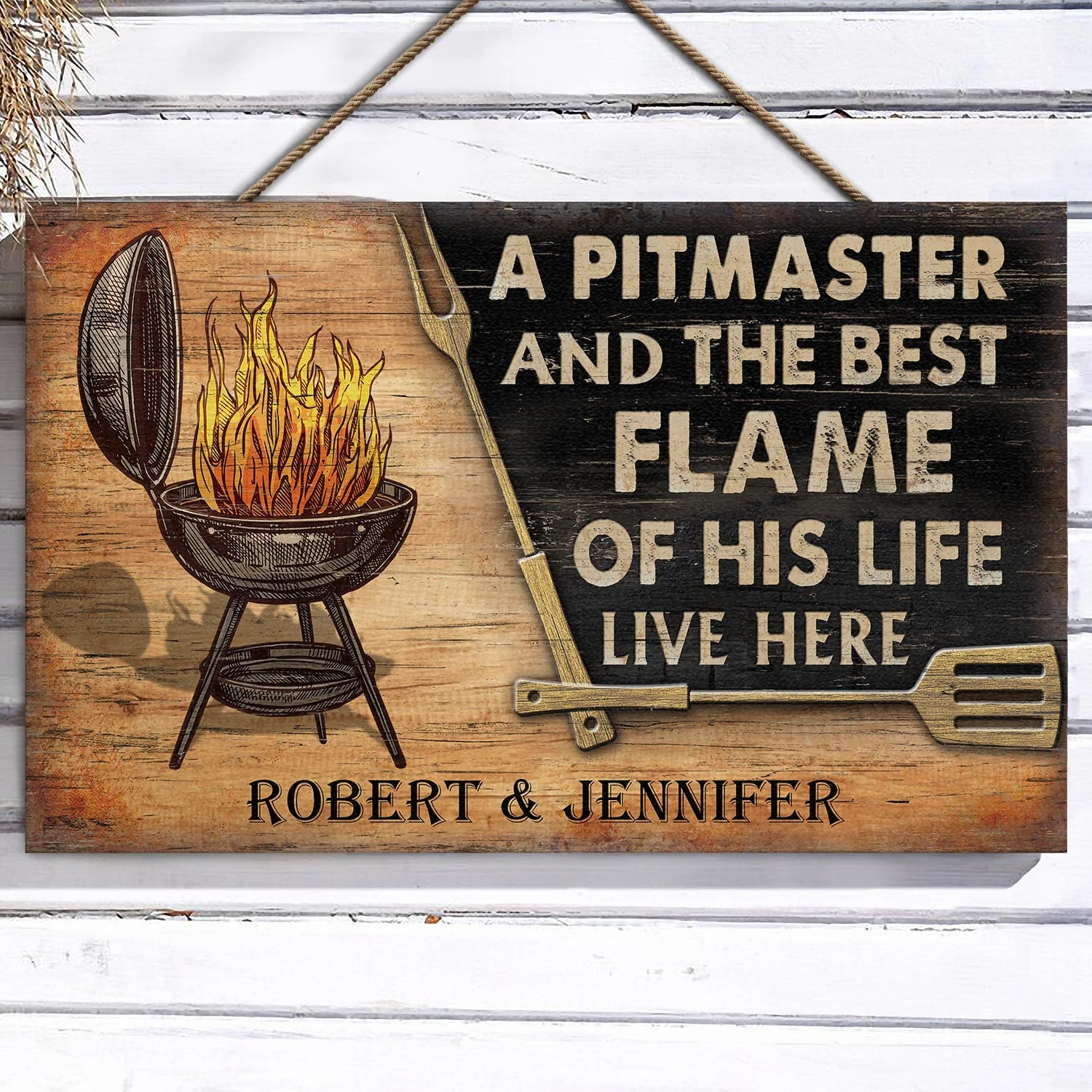 Personalized Grilling Couple Pitmaster Customized Wood Rectangle Sign - Image 3